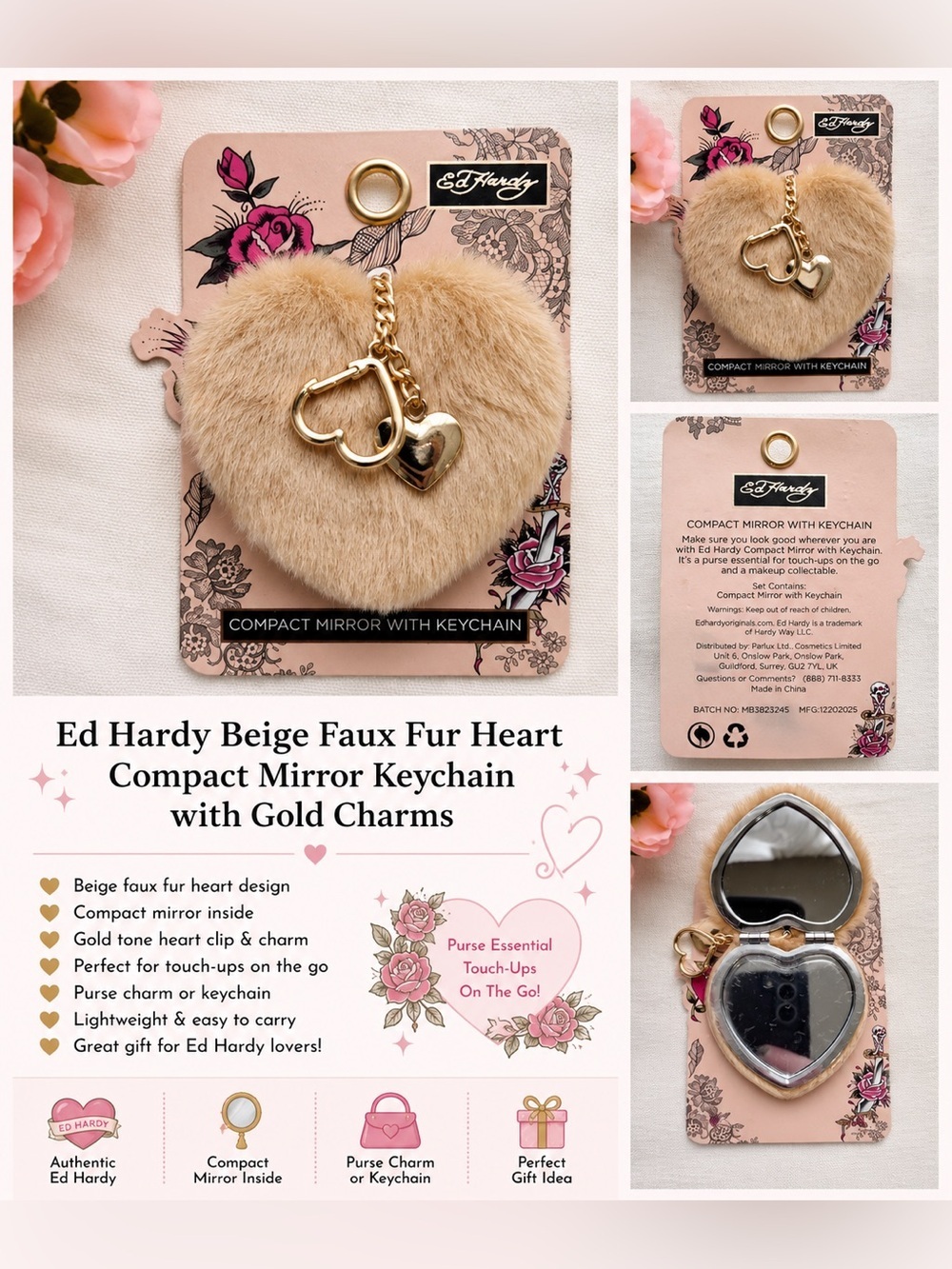 Ed Hardy Faux Fur Heart Compact Mirror Keychain Gold Charm Y2K NWT